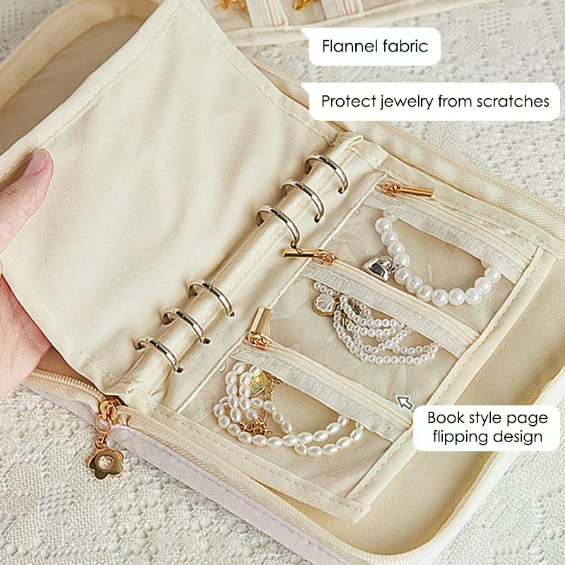 كتاب تخزين المجوهرات مع حقيبة بسحاب شفاف وقلادة وخاتم وحقيبة تخزين فاخرة من جلد الغزال وجيوب بنمط الورد #4