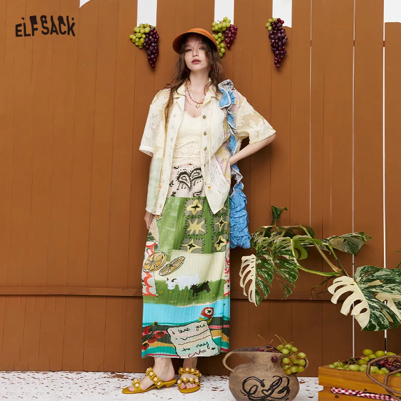 ELFSACK Graffiti Printed Pleated Midi Skirt, Colorful Cartoon Pattern A-Line Skirt, Casual Elastic Waist Skirt for Women