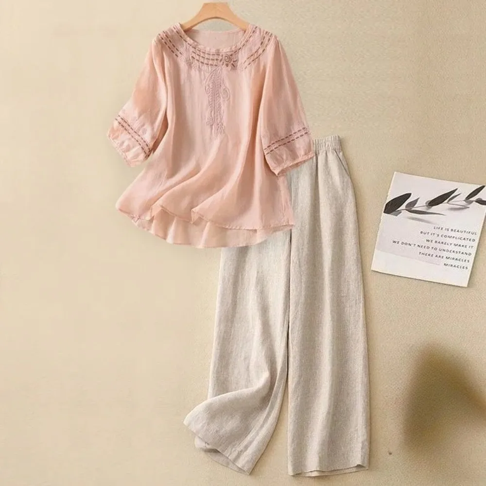 

Summer Traditional Chinese Clothing Vintage Women Clothes Sets Suit Ethnic Style Cotton Linen Embroidery Casual Top Pants