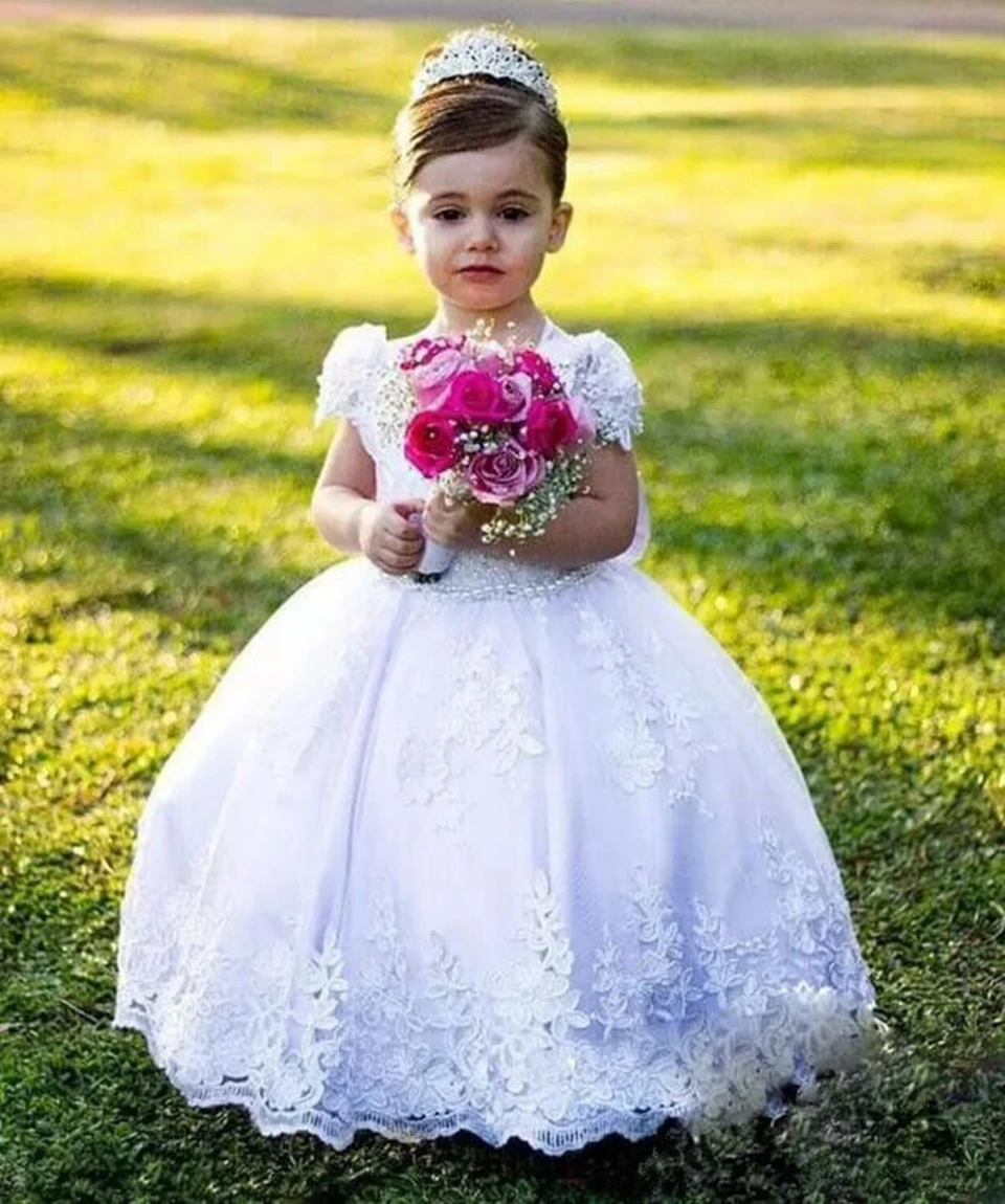 

Customized Flower Girl Dress For Wedding with Big Bow Sash With Pearl Prepared For Princess to Attend Various Parties Sheer Back