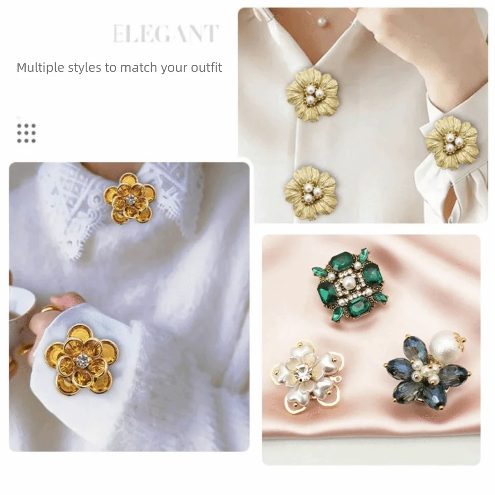 Hochwertige Blumen-Strass-Kragenknöpfe, abnehmbare dekorative Knöpfe ohne Nähen, Vintage-Perlenknöpfe – Detail 8