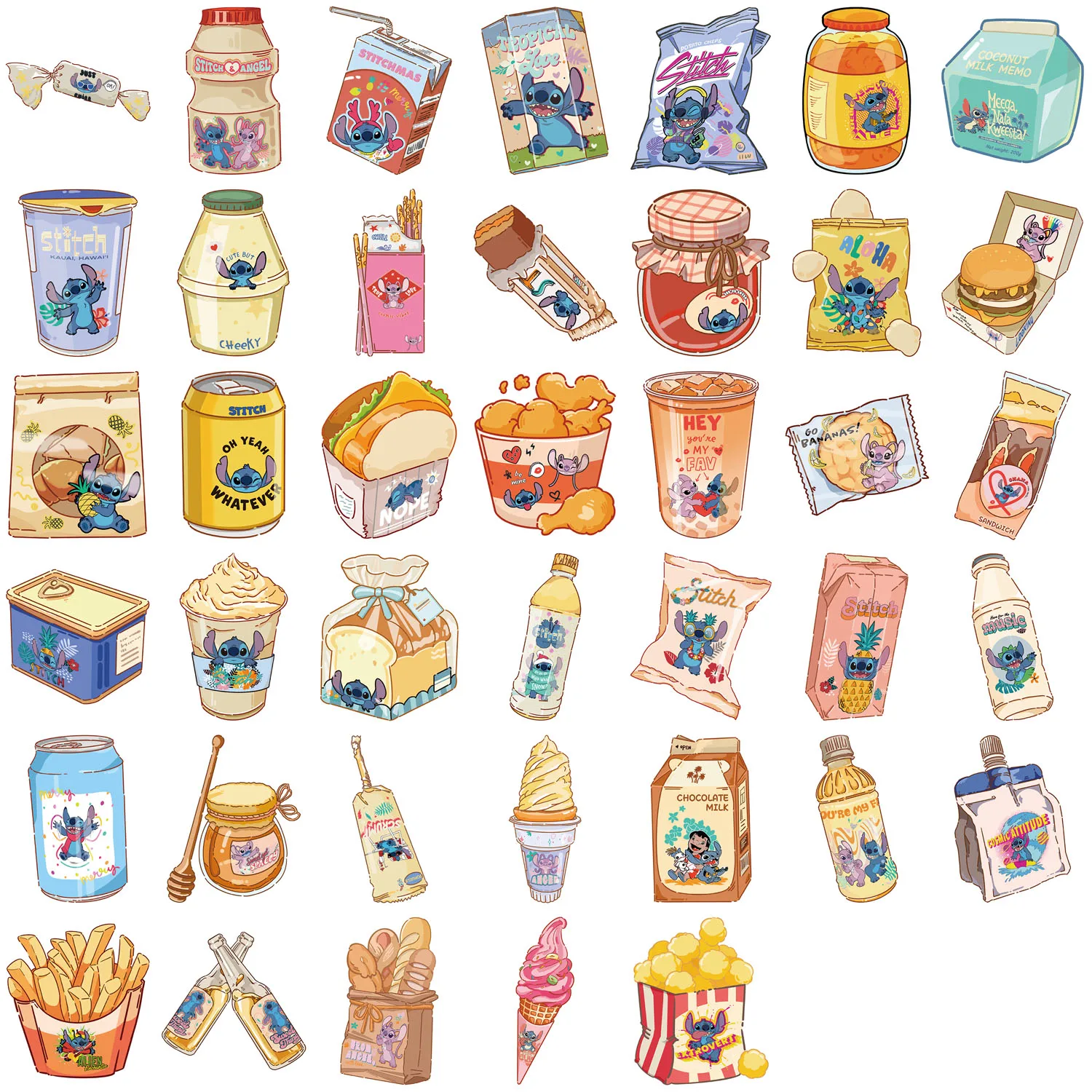 40 pezzi Disney Stitch Snack adesivi alimentari simpatico graffiti fai da te skateboard cassa del telefono moto decalcomania impermeabile giocattolo anime