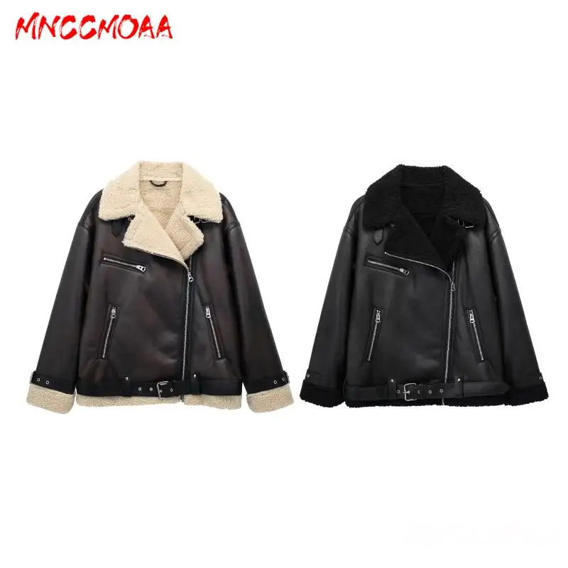 MNCCMOAA-Women\'s Faux Leather Jacket, Female Coat, Casual Pockets, Biker Outwear, Loose, Thick, Warm, High Quality, Winter, 2024