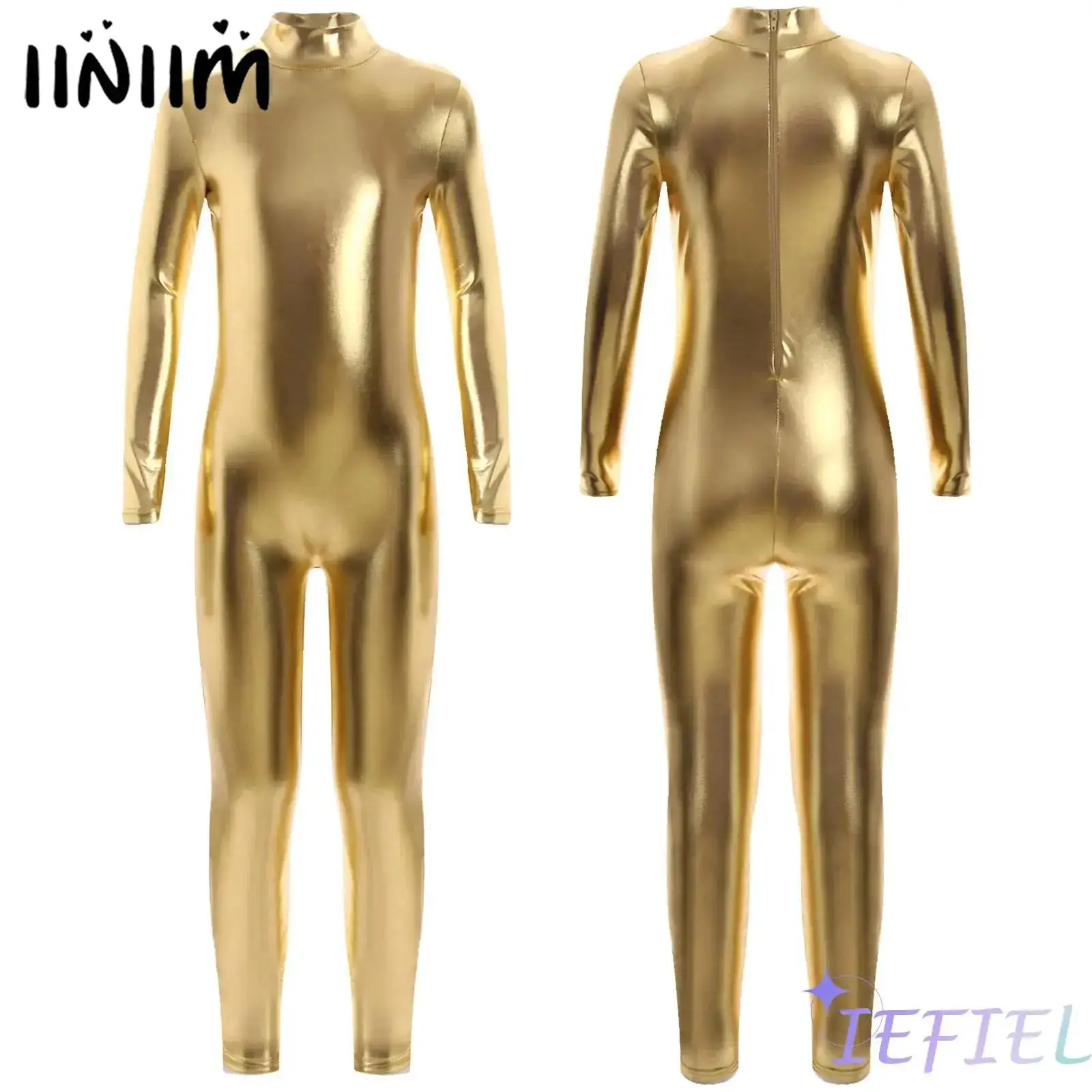 

Girls Boys Shiny Gymnastics Bodysuit Jazz Dance Carnival Disco Rave Vintage Party Halloween Role Play Costume Metallic Jumpsuit