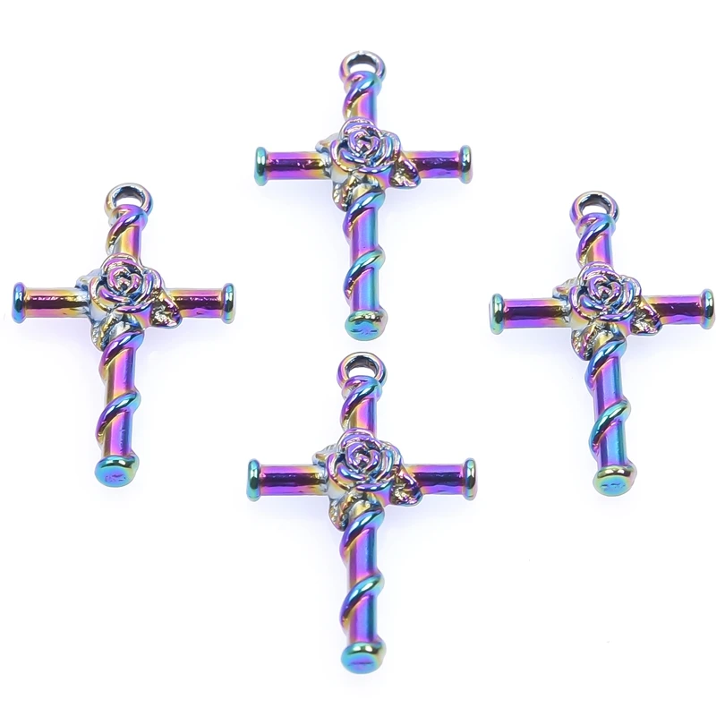 

15pcs Rainbow Color Column Cross Flower Rose Religion Charms Fashion Metal Cross Pendant For Jewelry Handmade DIY Accessories