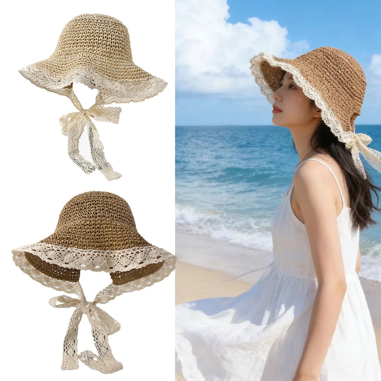 

New Style Lace Trim Bow Ribbon Straw Soft Floppy Hat / Summer Openwork Breathable Beach Sunshade Wide Brim Hat
