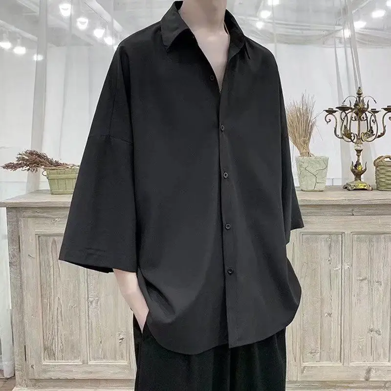 

White Men's Lazy Style Five-point Sleeve Ice Silk Drooping Shirt Summer Handsome Fashion Brand Loose Casual Short-sleeved Jacket