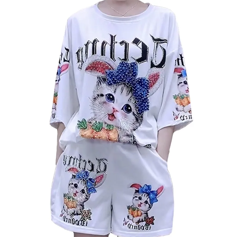 Conjunto de dos piezas con estampado de gato para mujer, camiseta de manga corta con perforación en caliente, estilo blanco, novedad de verano 2023