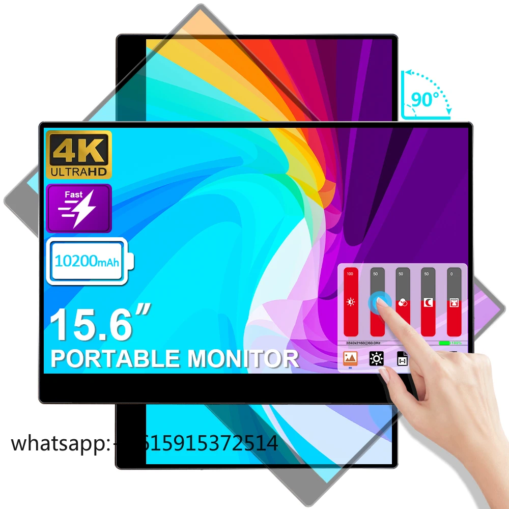 

TLCRETE 15.6 Inch 4K Auto-Rotating Battery Build in Touch Portable Monitor PD Fast Charge 600nits 1.07B 100% DCI-P3 for Laptop P