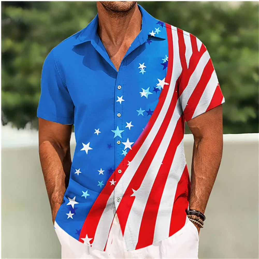 Men's Shirt Independence Day Flag Print Polo Collar Short Sleeve Button Shirt Outdoor Street Fashion Designer Casual Soft 2023