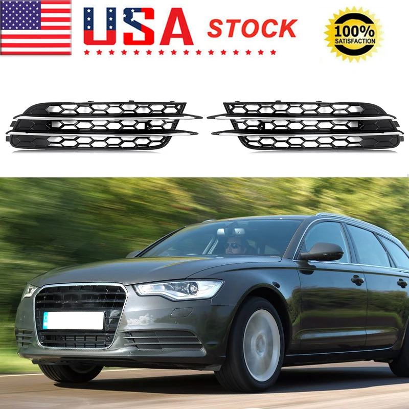 Chrome+Black Honeycomb Fog Light Grille For Audi A6 C7 Standard Bumper 2012-2015