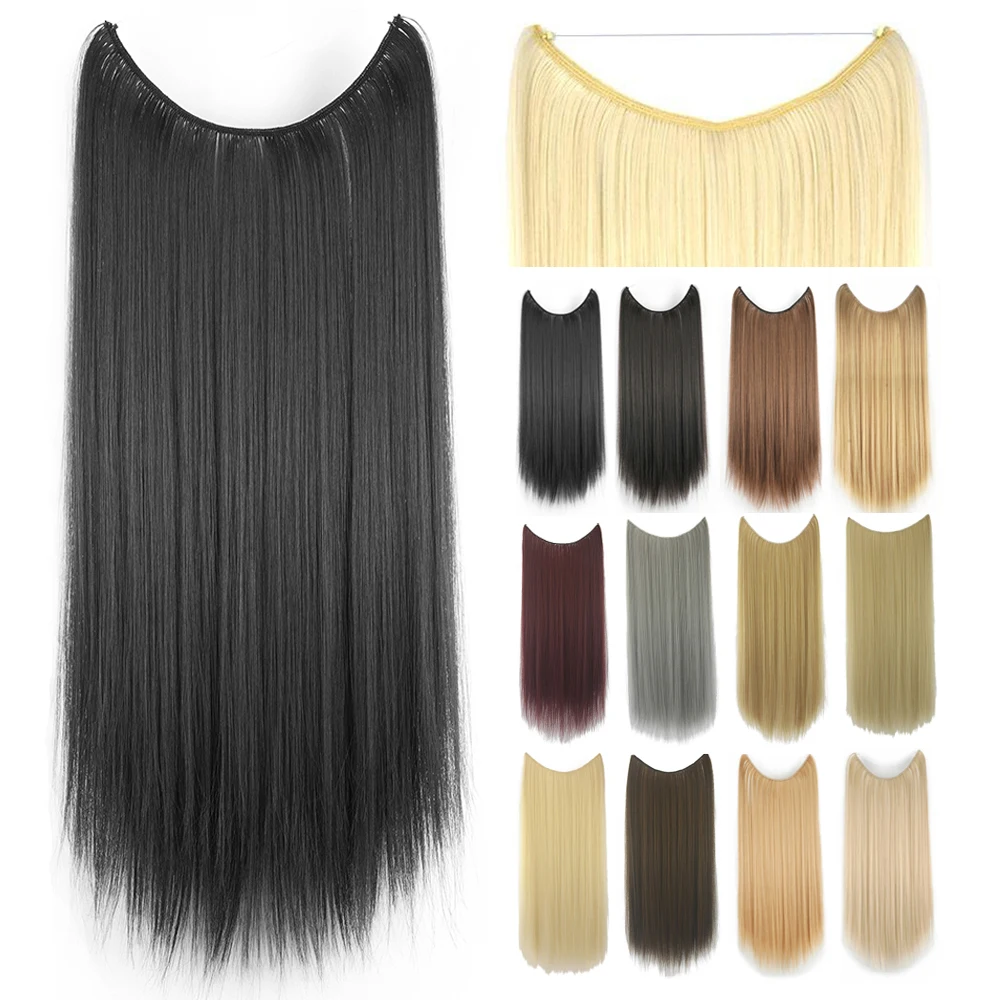 Soowee Long Straight Black Synthetic Hair Extensions Fish Line Invisible Hairpiece Hair Accessories Rainbow Cabelo Perruque