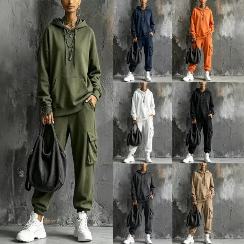 Women's Autumn Long Sleeve Knit Hoodie 2-Piece Set with Pants Solid Color Casual Matching Tracksuit Women Sets Woman Matching