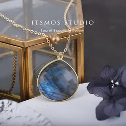 ITSMOS Natural Labradorite Gold-plated Pendant Necklace Simple Faceted Waterdrop Stone 25mm Elegant Jewelry for Women Romatic