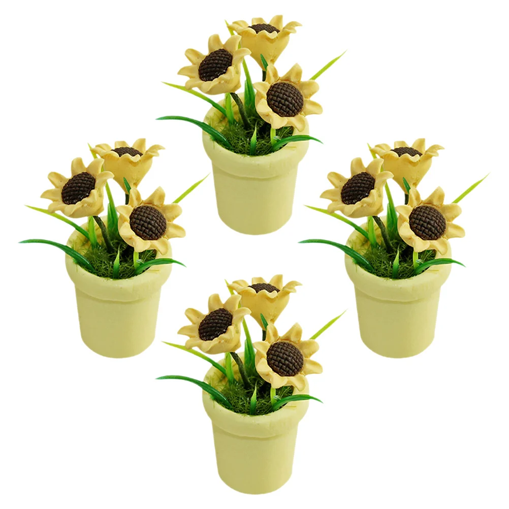 4개 미니어처 해바라기 분재 인공 식물 인형집 장식용 소형 실내 테이블탑 녹색 식물