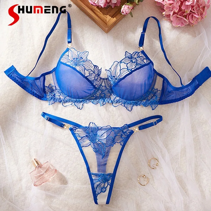

Sexy Lingerie Underwear for Women Pure Desire Blue Floral Intimates Set with Underwire Lady Push Up Ultra Thin Brief Sets