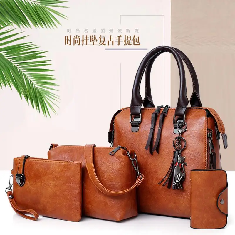 fashion trend single shoulder crossbody mother bag four-piece retro contrasting color oily leather portable women's bag