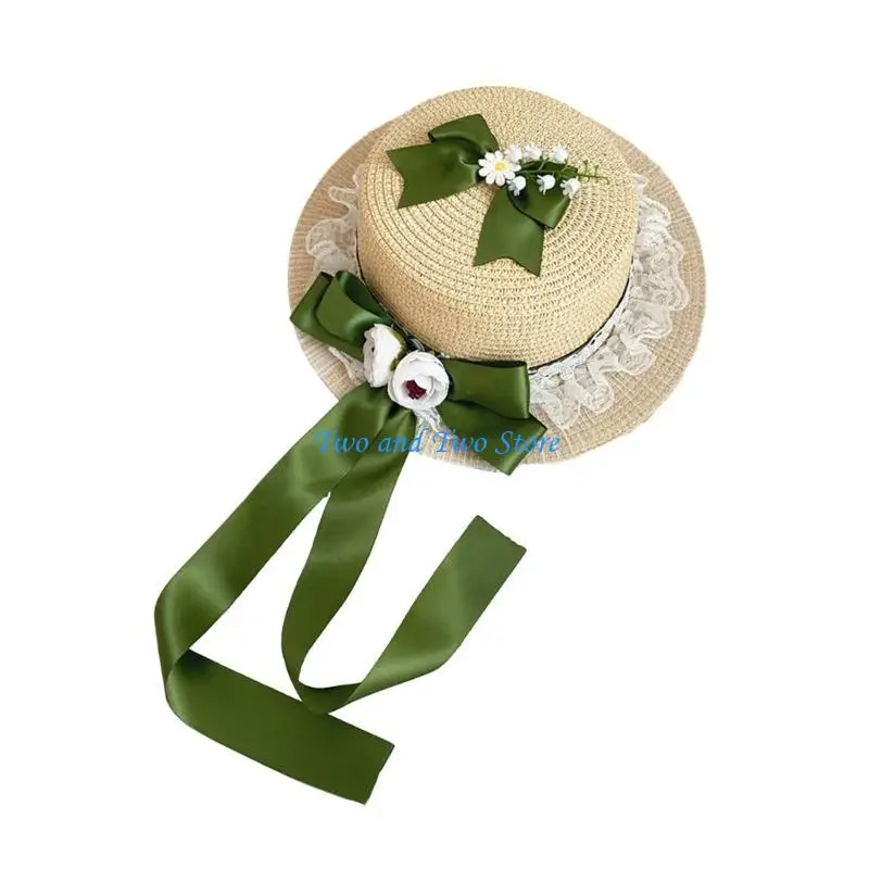 

HX6F Lace Bonnet Hat Sun Protective Hat for Girl French-Style Top Hat Sweet Girls Straw Cap Wide Brimmed Hat Party Headdress