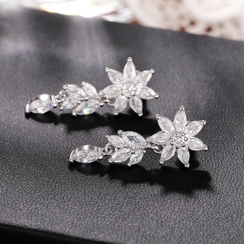 Luxury Zirconia Crystal Pendant Earrings for Women Bridal Wedding Accessories Gorgeous Silver Color Jewelry for Party