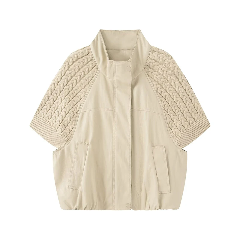 Guobioziy Women's faux leather patchwork knit short-sleeve jacket, stand collar, short and loose coat, business casual fashion