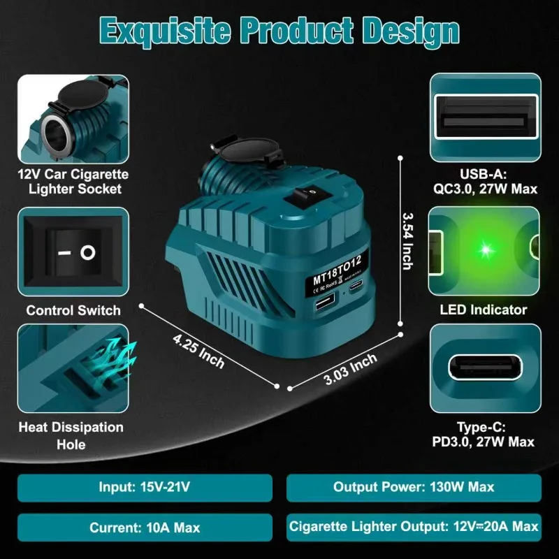 max current car cigarette lighter MT18TO12 DIY Battery Adapter for Maktia 18V Battery Via DC 12V Buck  Converter Regulator with Cigarette Lighter USB & Type-C Port