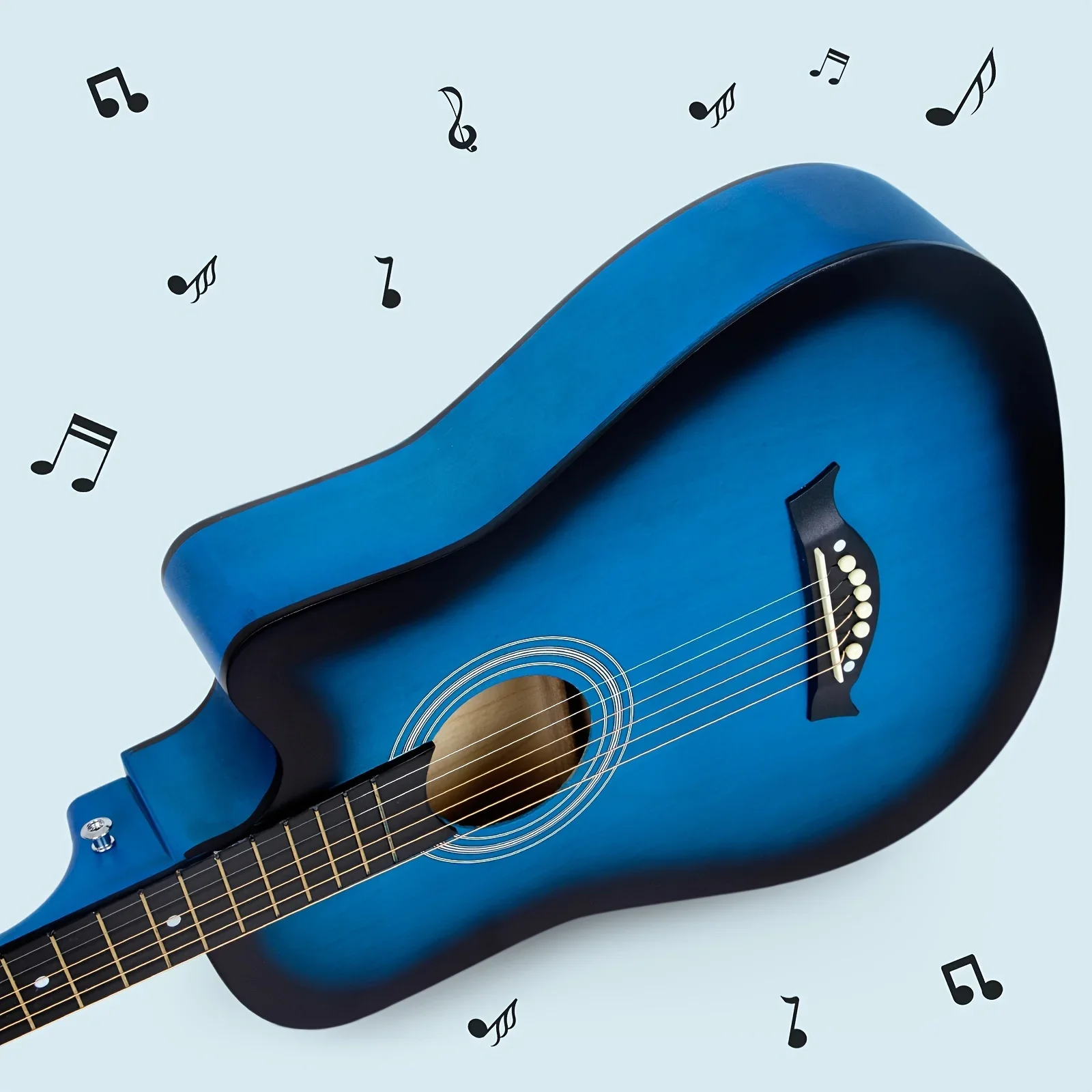 38 Inch Blue Acoustic Guitar Beginner Kit, Basswood Panel with Matte Finish, ABS Nut, Includes Bag, Picks, Strings, and Strap