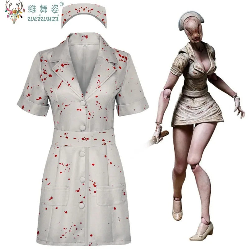

Movie Silent Hill Cosplay Costume Nurse White Bloodstained Belt and Hat Uniform Halloween Costume Fancy Halloween Dress Woman