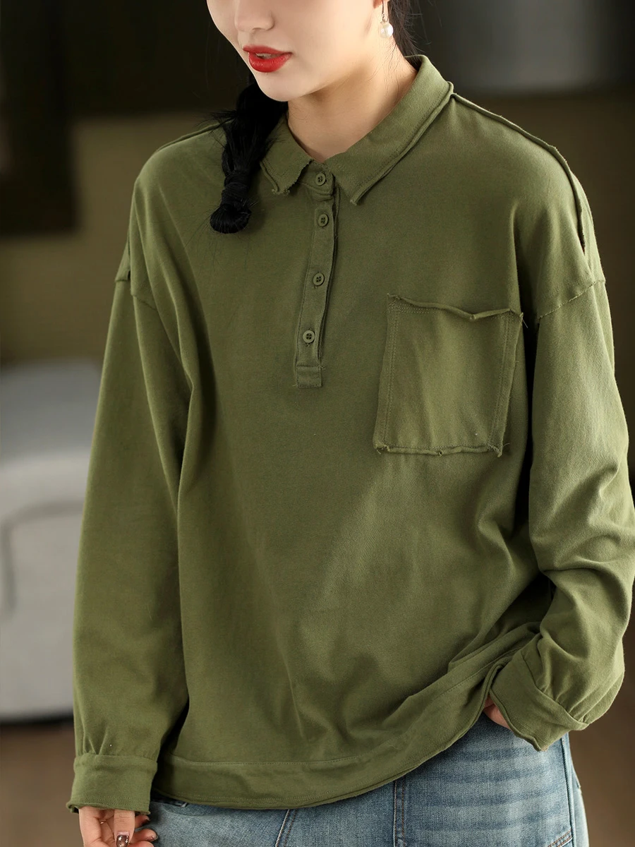 

Женская рубашка в стиле ретро из чистого хлопка с длинными рукавами и отложным воротником, весенняя коллекция, удобный свободный крой, топ без застежек