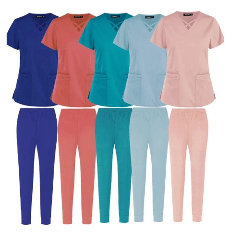 

Multicolour Jogger Suits Doctor Nursing Uniforms Short Sleeve V-neck Tops Pocket Pants Nurse Scrubs Set Medical Clinical Clothes