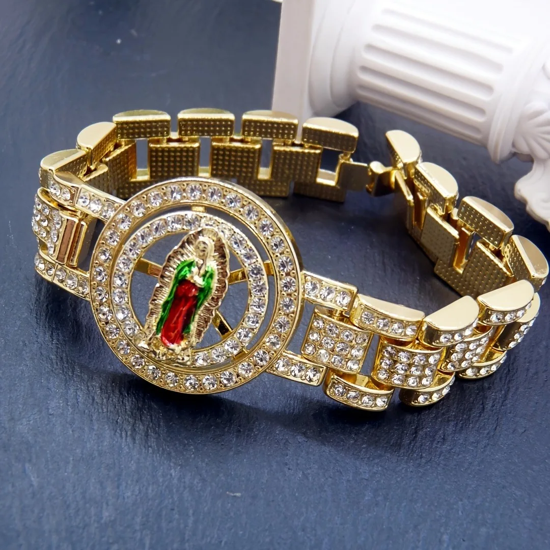 A Fashionable Hip-Hop Fully Inlaid with Rhinestones Rotating Zhonande and Madonna Design Zinc Alloy Bracelet for Men and Women - Non-Plated