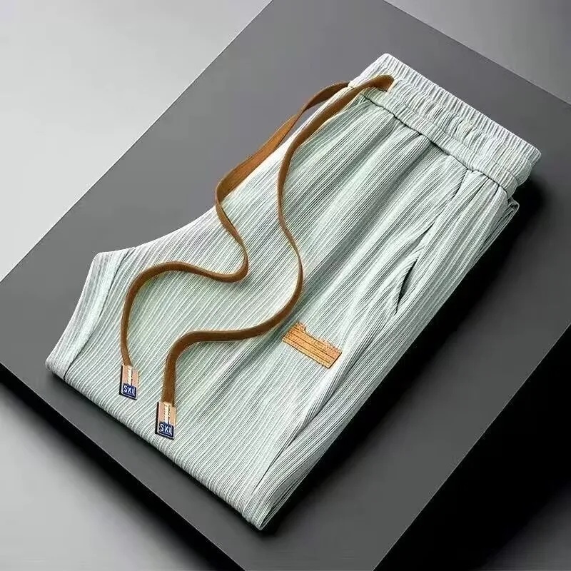 夏用 薄手 ワイドレッグ ゆったり カジュアル ロングパンツ アイスシルク ドレープ メンズ レジャーパンツ クイックドライ ストレートカット 若々しい活力