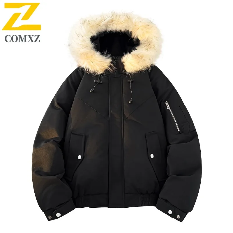 

COMXZ Winter Warm Down Jacket Men Luxury Trendy Fluffy Fur Collar White Duck Down Parka Coat Snow Moto Ultra-light Puffer Jacket
