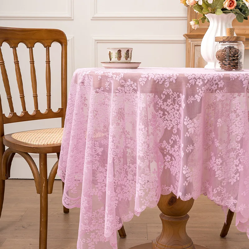 Ins Dreamy Pink Lace Table Cloth Delicate Hollow Out Floral Pattern Table Cover Decorative Tablecloth For Garden Wedding Home