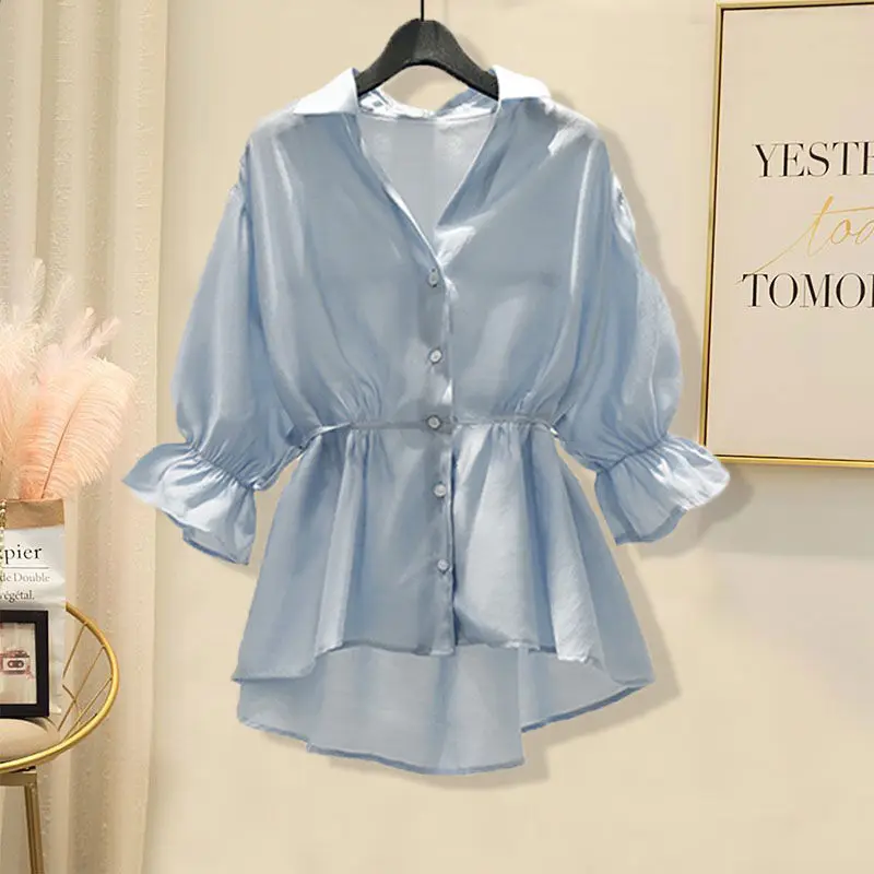 Large Size Spring and Summer Suit Women 2022 New Design Sense of Foreign Style Shirt Thin Denim Skirt Two Piece Set Women's Suit