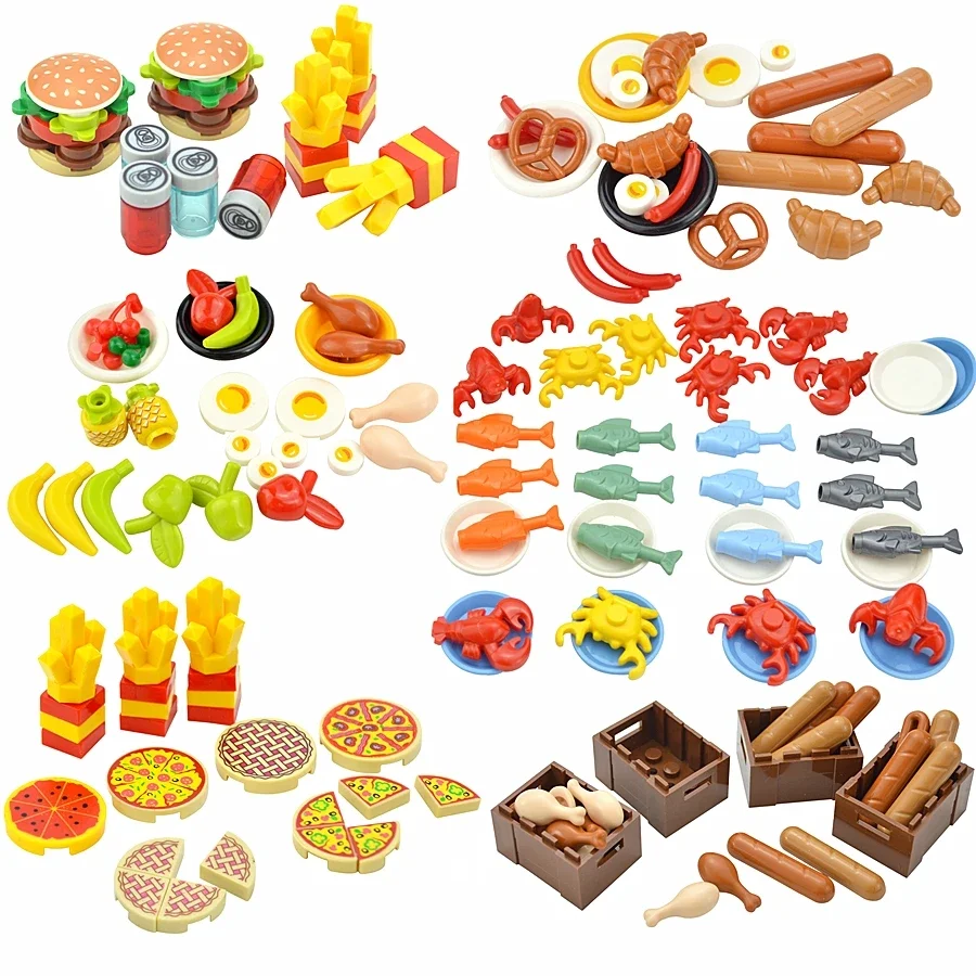 Hamburger Fries Bread Pizza Cake Dessert Food Chocolate Fish Cookies City Mini Food Toys Building Blocks MOC Bricks Kids Gift