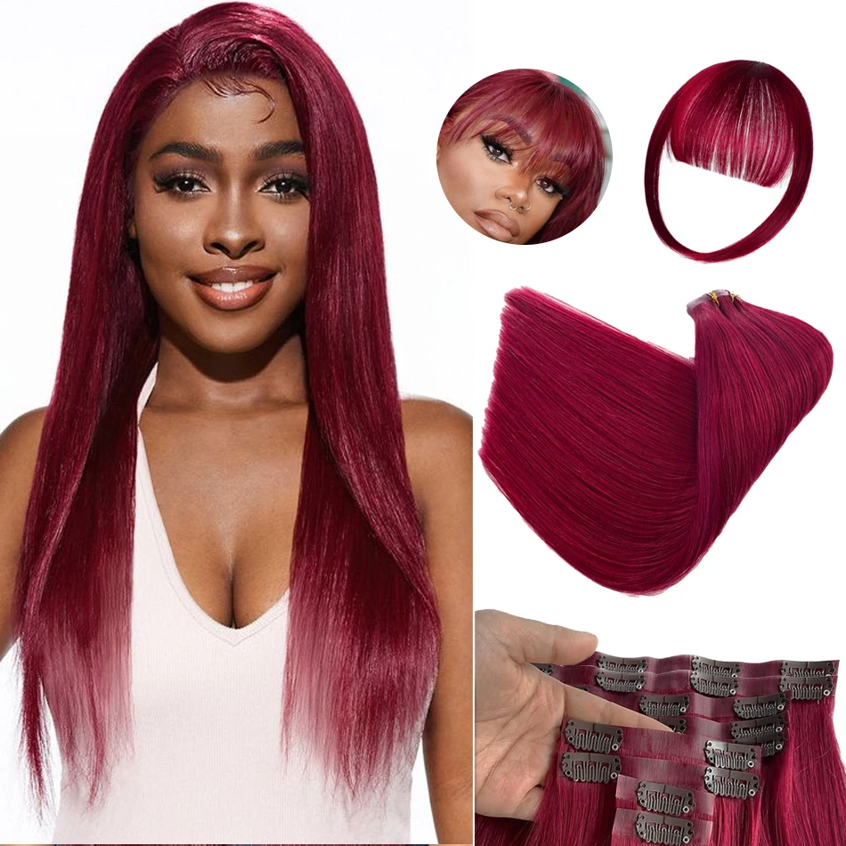 Clip in Hair Extensions Burgundy 99J 100% Real Human Hair 10Pcs Natural Straight 14-24inch Hair Extensions Dark Red For Women