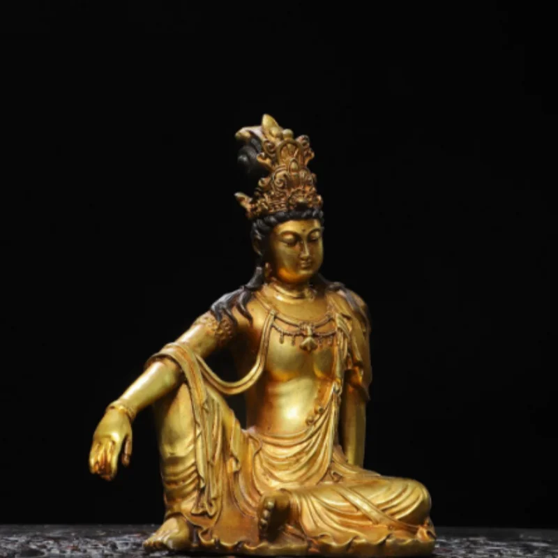 19cm Antique Brass Gilded Guanyin Statue - Avalokitesvara Buddha Altar Home Ornament, Tantric Buddhist Supplies