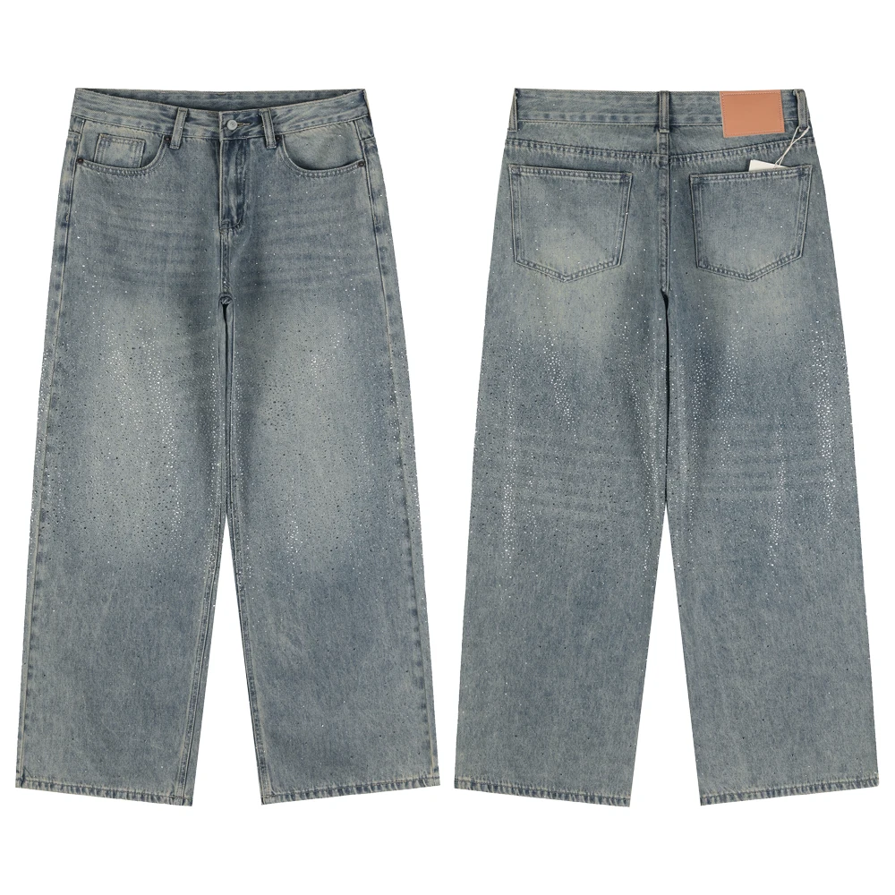 Pantalones holgados Ropa de calle Pantalones casuales retro desgastados Estilo callejero Jeans de mezclilla de algodón pesado con diamantes de imitación completos Ropa de hombre