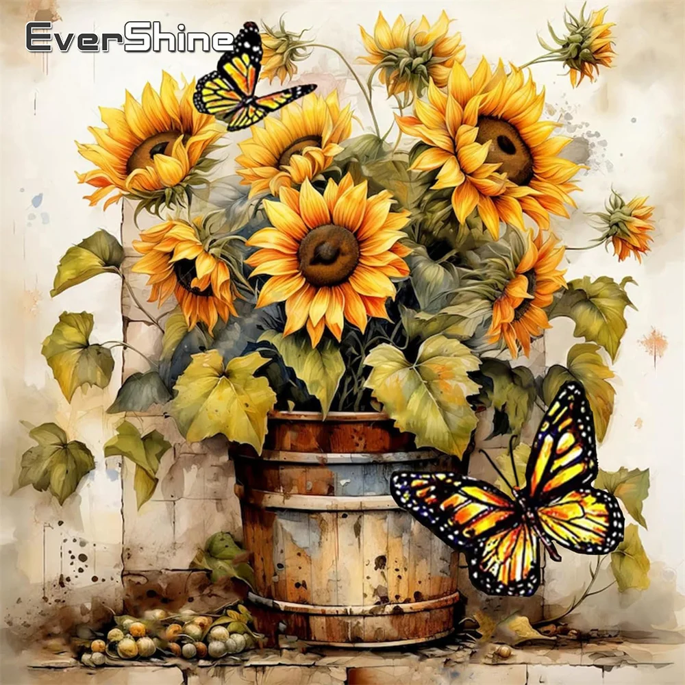 Evershine Vollquadrat Rundes Diamantgemälde Sonnenblume DIY Geeignet für Anfänger Blumen Diamant Mosaik Schmetterling Urlaubsgeschenke