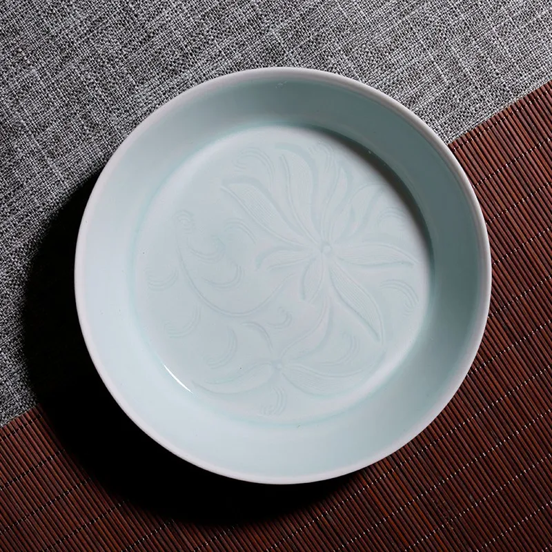 Guanfu Museum: Misty Blue Hand-Drawn Flower Mouth Pot Tray/Fruit Plate Guanfu Museum Jingdezhen Imitation Song Hutian Kiln Tea T