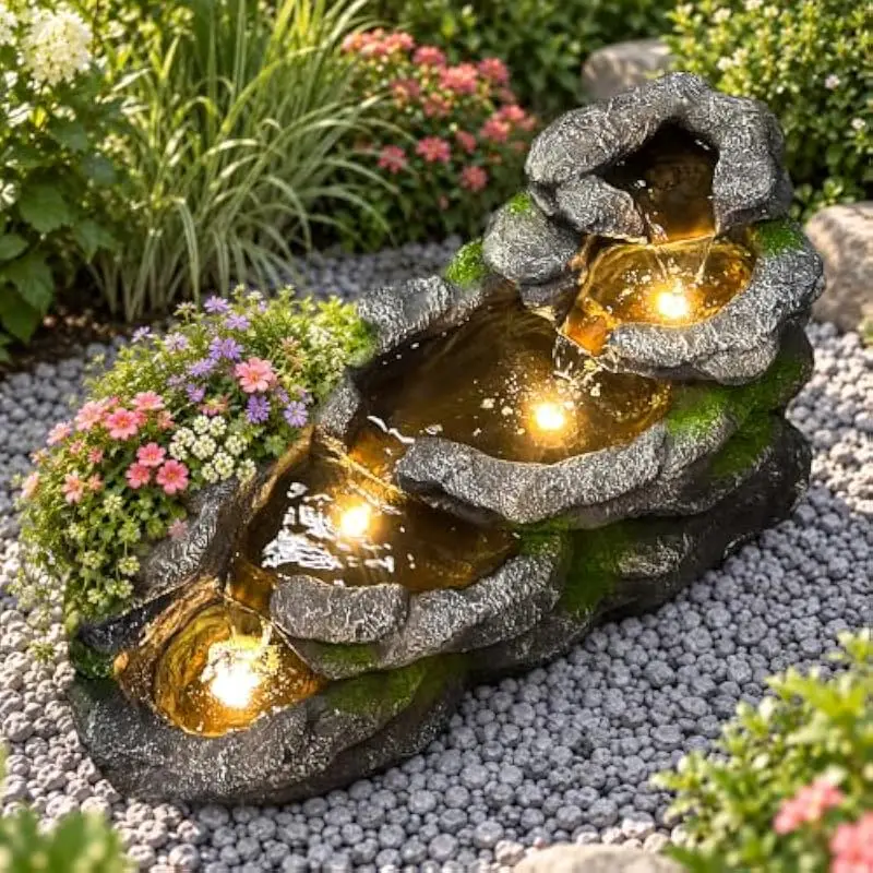 5-Tier Resin Outdoor Fountain with Adjustable Flow Pump and Integrated LED Illumination for Garden Patio Backyard Deck Decoratio