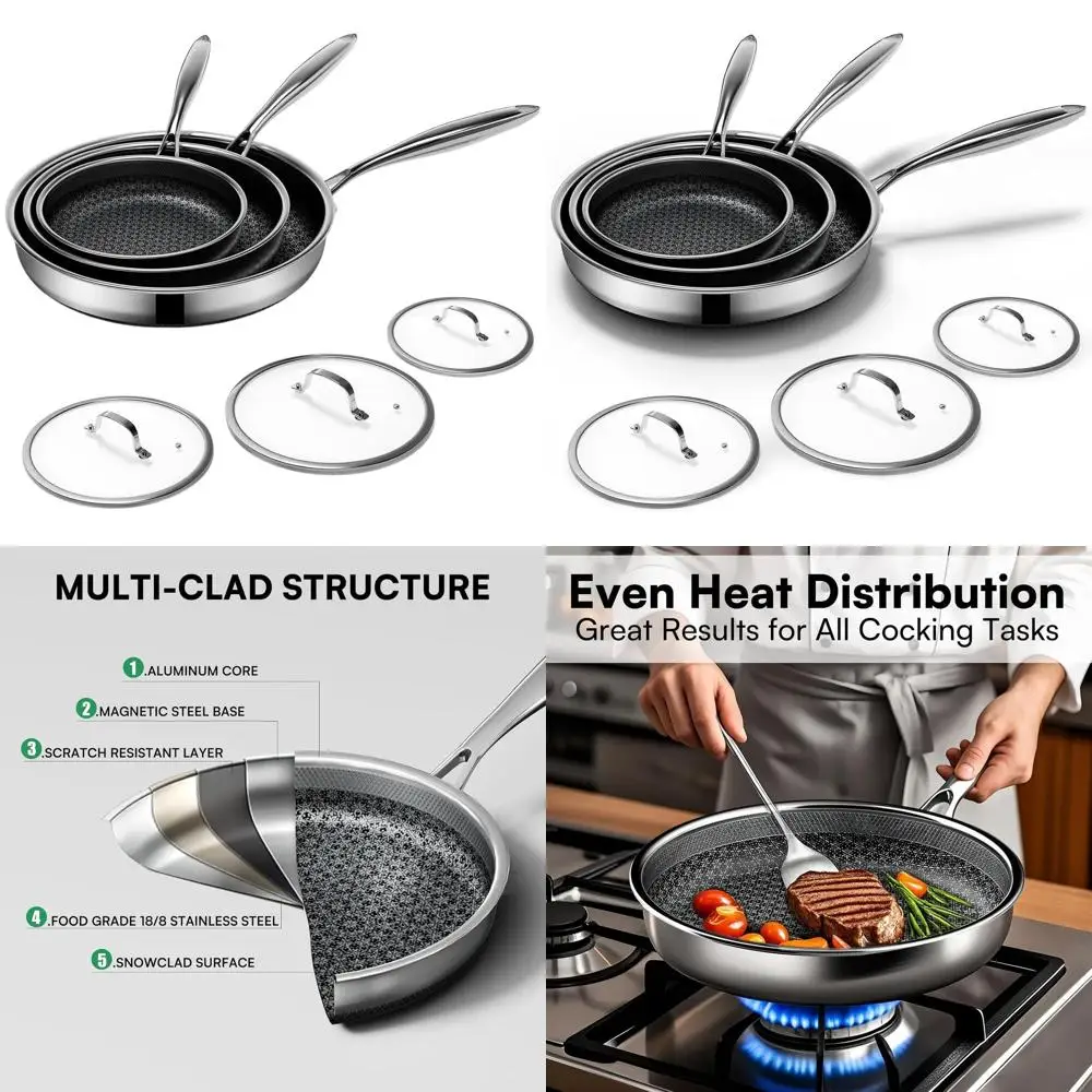 

Tri-Ply Non-Toxic Nonstick Cookware Set with Lids (8, 10, 12) - Dishwasher & Oven Safe Stainless Steel Frying Pans