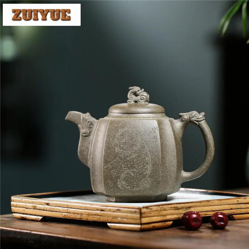 550ml Yixing Purple Clay Teapot Handmade Square Ryuzun Pot Raw Ore Dragon's Back Mud Tea Brewing Kettle With Filter Zisha Teaset