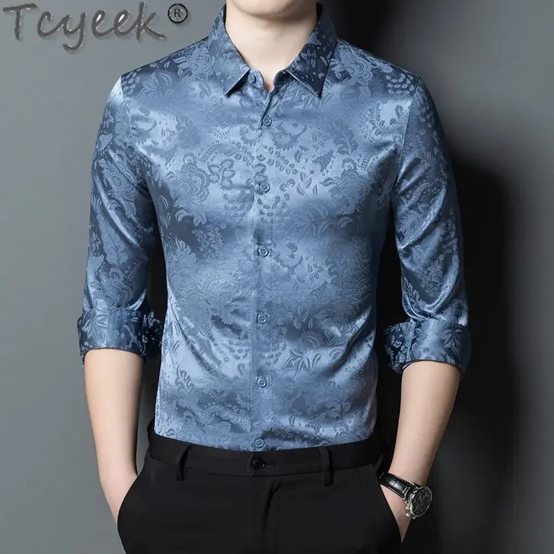 

Tcyeek Autumn Real Silk Tops 92.4% Mulberry Silk Shirt Men Clothing Shirts for Men Business Casual Blouse Blusa Masculina