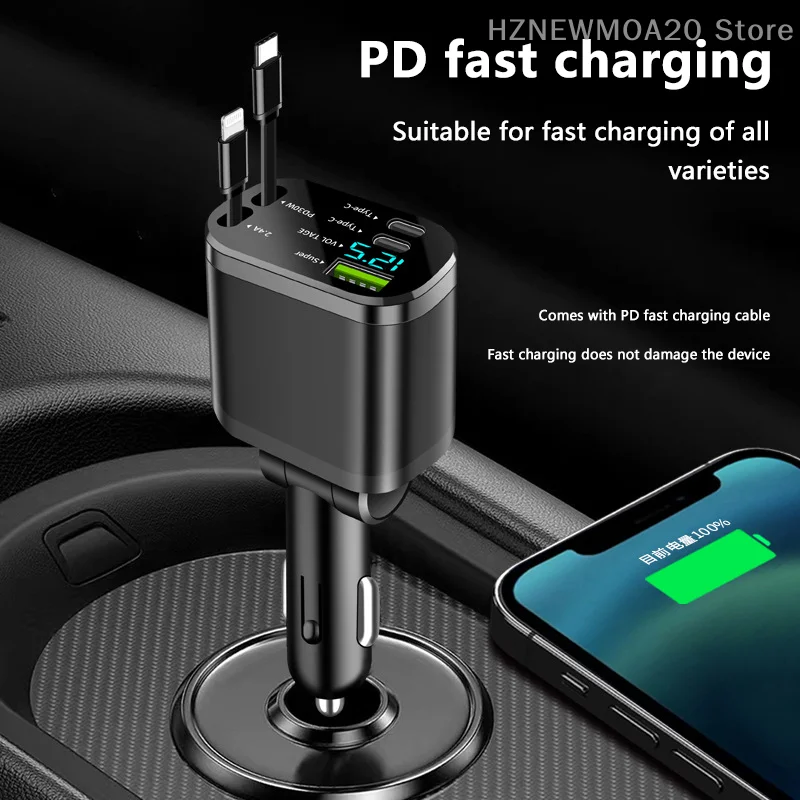 

Car Charger Car Super Fast Charge Flash Charging, Telescopic Cable 4 In 1 Car Charger 2 USB Ports Adapter Compatible