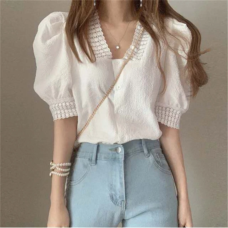 Women Korean Fashion Lace Patchwork Shirts Vintage Elegant Chic V Neck Puff Short Sleeve Blouses Summer Casual Sweet Solid Tops