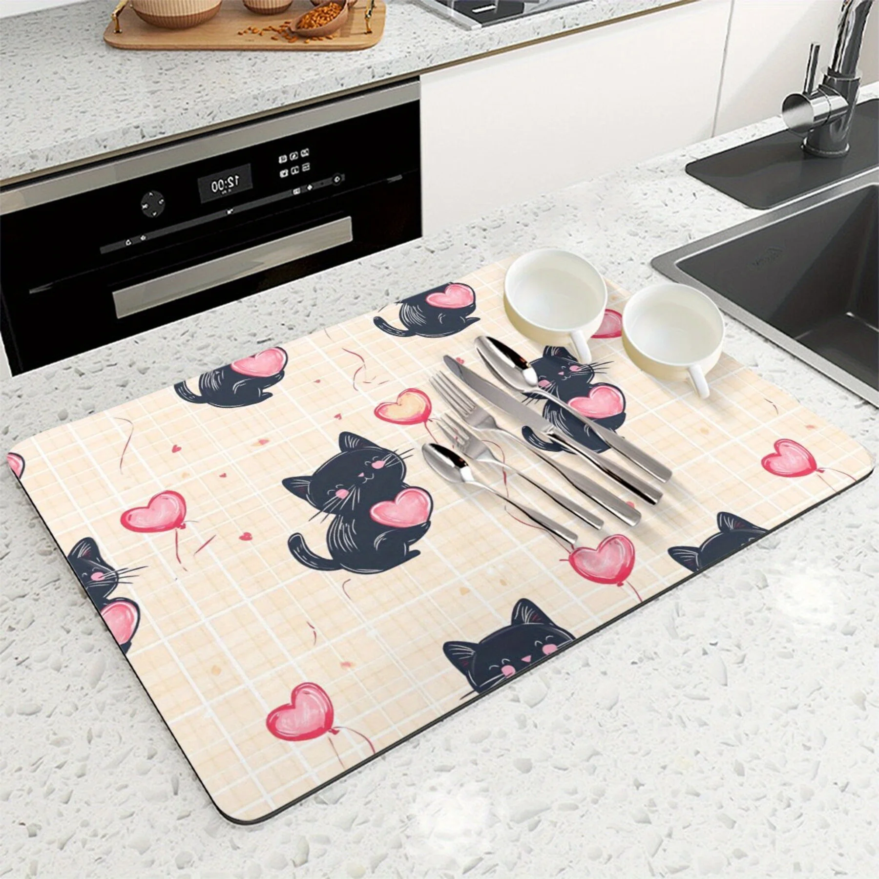 Beige Grid Black Cat Heart Balloon Mat Cute Kitten Balloon Print Drying Mat Lovely Romantic Kitchen Counter Decor Mat