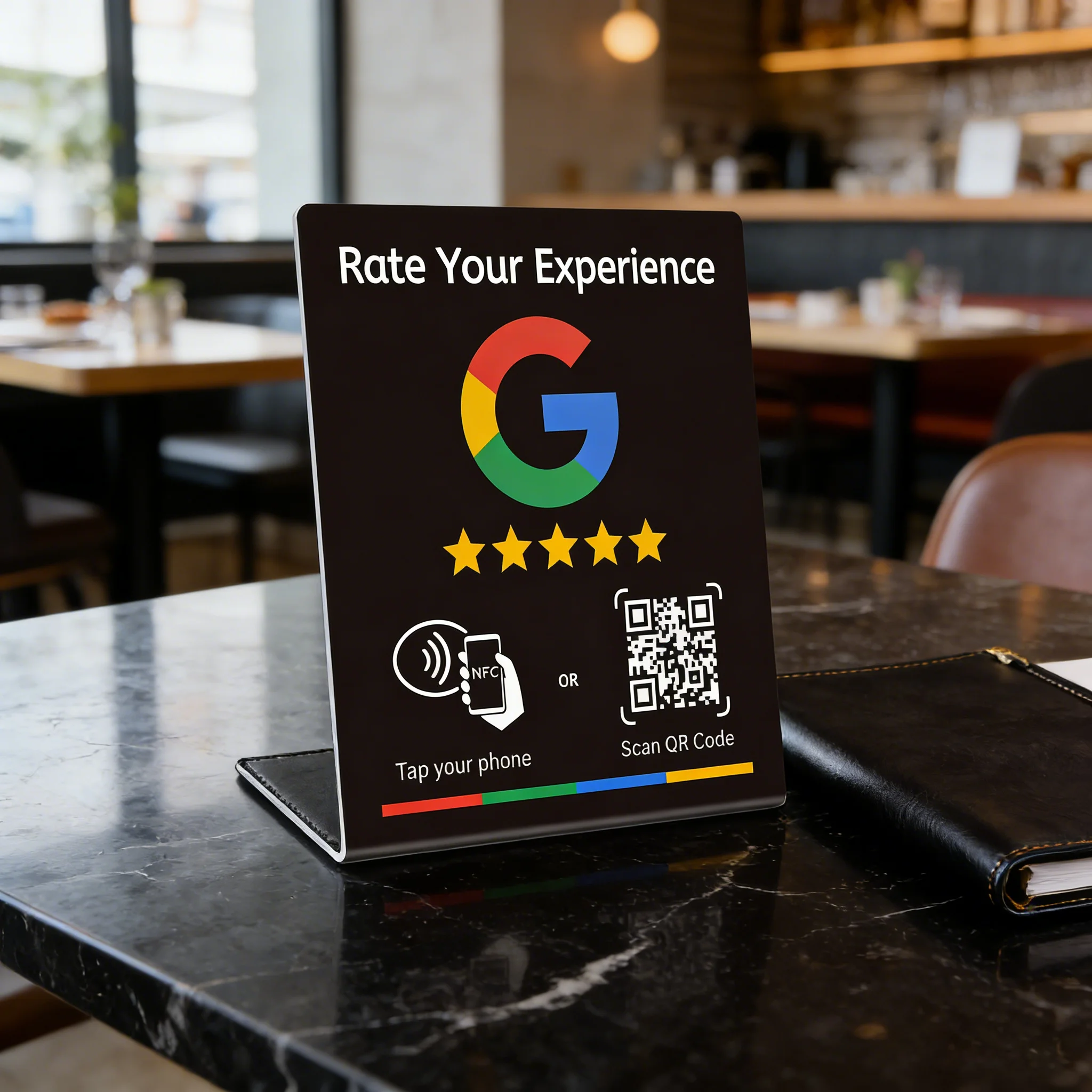 

Nfc 215 programmable QR code Google Review Card NFC station table NFC Google Reviews display bending card standing brand bracket