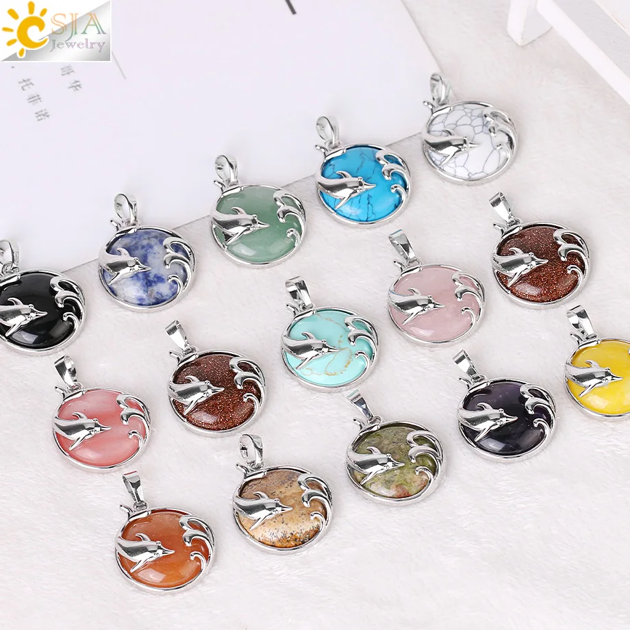CSJA Healing Dolphin Charm Pendant Natural Stone Cabochon Crystal Ocean Animal Pendants Making DIY Jewelry Accessories H030