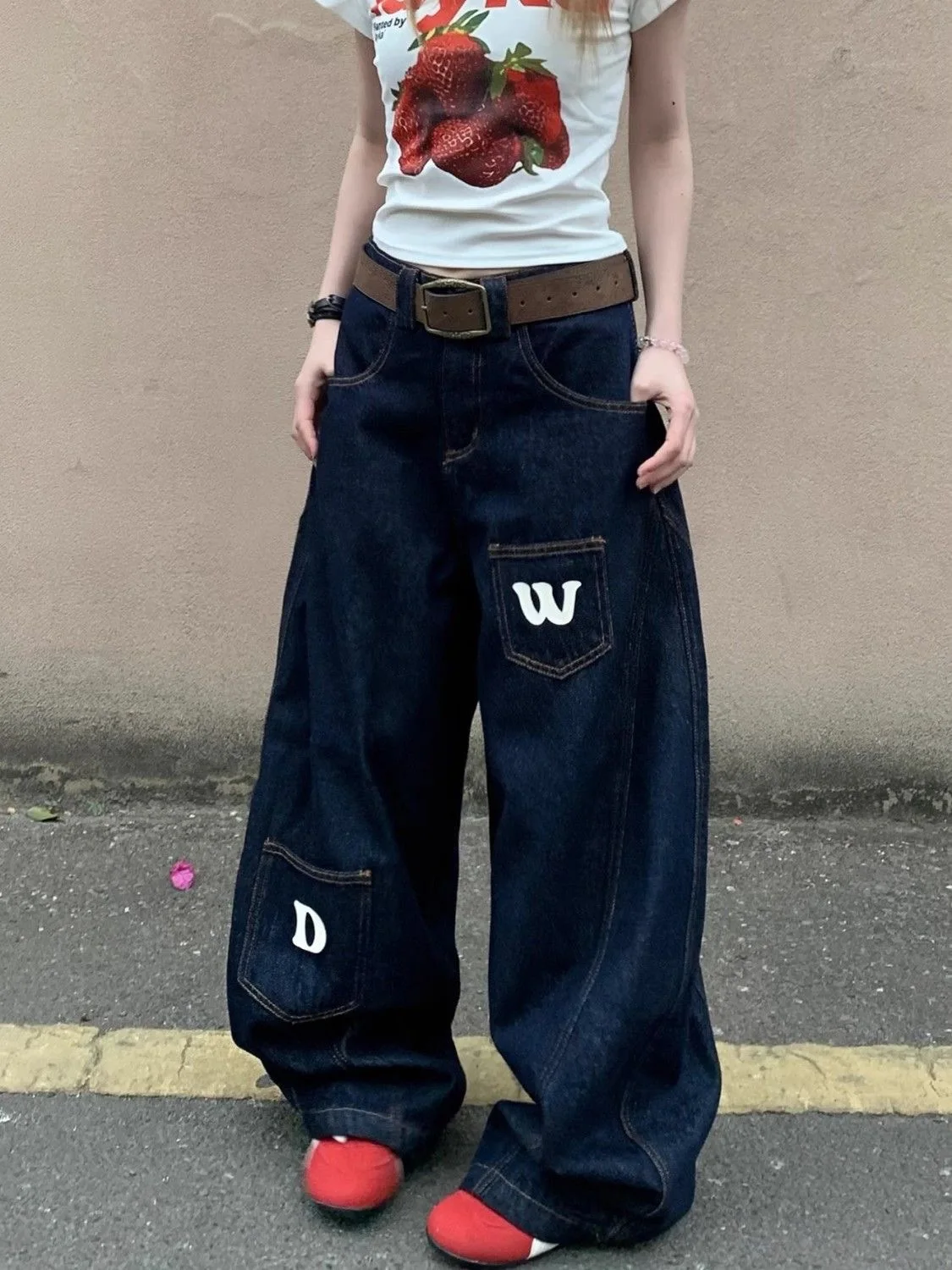 

Blue Women Jeans High Waist Jeans Vintage Design Hip Hop Baggy Denim Pants Street American Style Wide Leg Denim Trouser